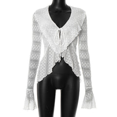 Long flared sleeve self tie v neck solid top
