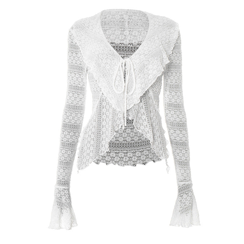 Long flared sleeve self tie v neck solid top