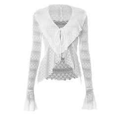 Long flared sleeve self tie v neck solid top