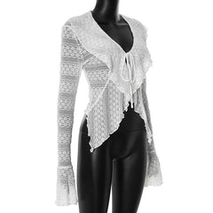Long flared sleeve self tie v neck solid top