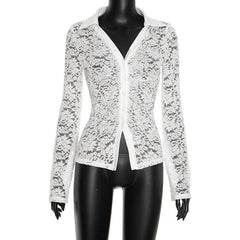 Turnover collar long sleeve lace hem button top