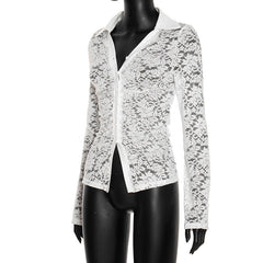 Turnover collar long sleeve lace hem button top