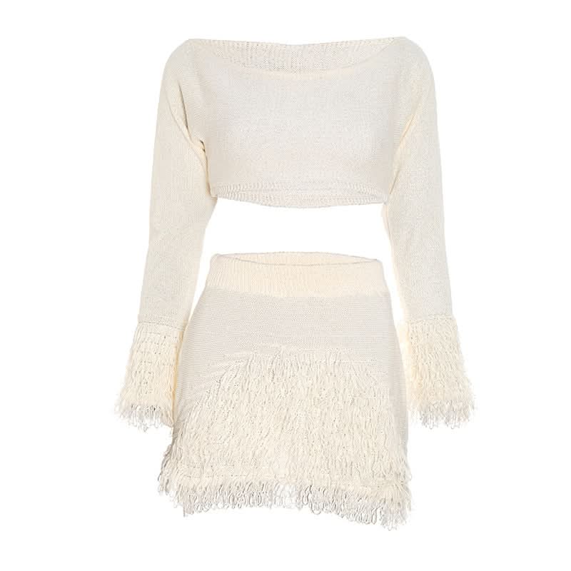 Raw hem long sleeve knitted solid mini skirt set