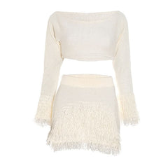 Raw hem long sleeve knitted solid mini skirt set