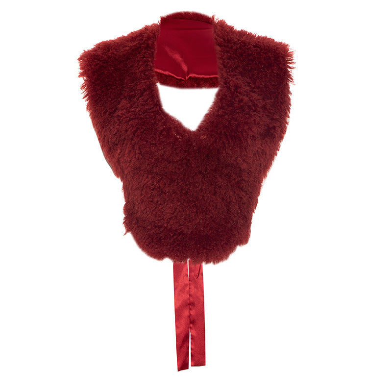 Halter fluffy self tie v neck backless top
