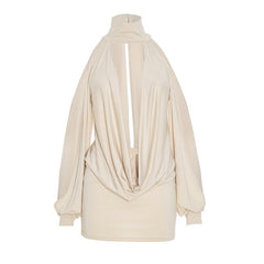 High neck hollow out solid cut out mini dress