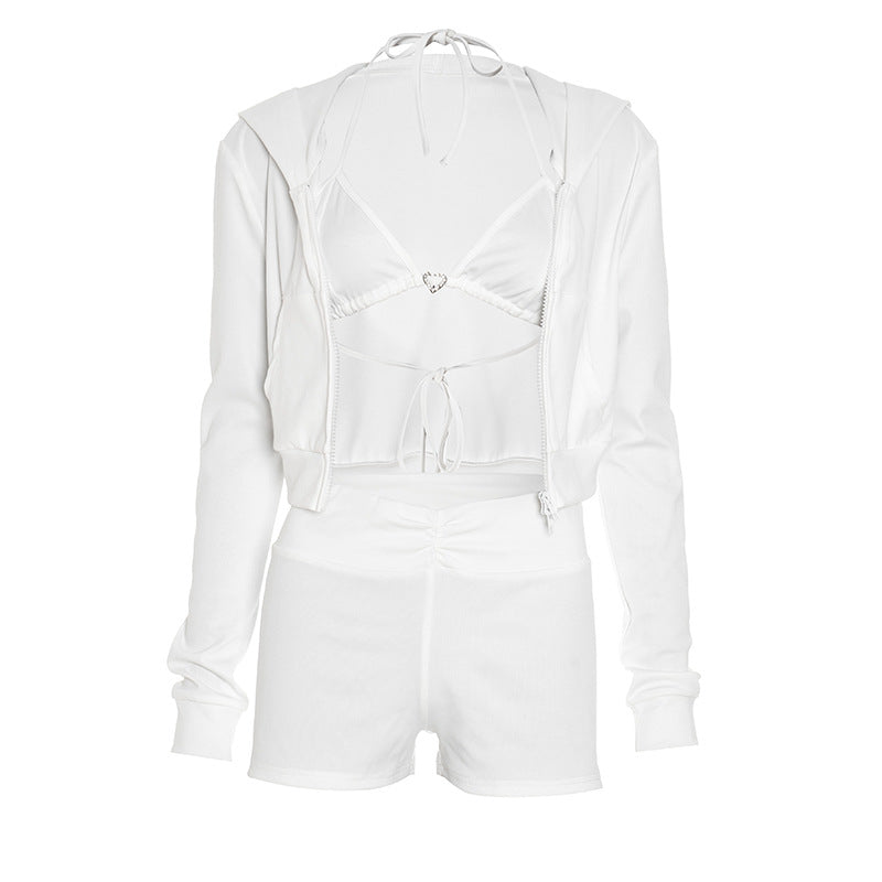 Long sleeve zip-up hoodie self tie halter pant set