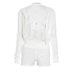 Long sleeve zip-up hoodie self tie halter pant set