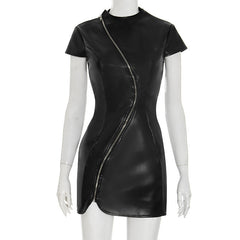 Crewneck PU leather zip-up short sleeve mini dress