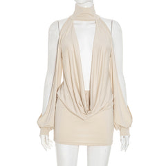 High neck hollow out solid cut out mini dress