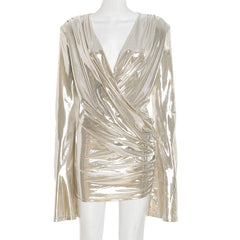 Long sleeve metallic ruched v neck mini dress