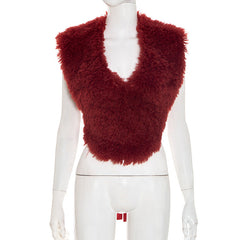 Halter fluffy self tie v neck backless top