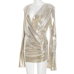 Long sleeve metallic ruched v neck mini dress