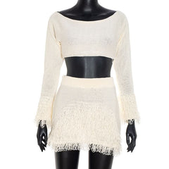 Raw hem long sleeve knitted solid mini skirt set
