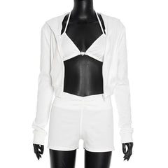 Long sleeve zip-up hoodie self tie halter pant set