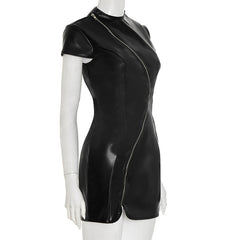 Crewneck PU leather zip-up short sleeve mini dress