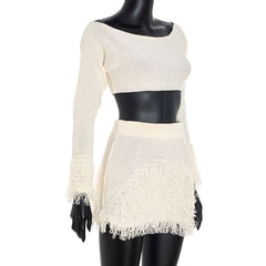 Raw hem long sleeve knitted solid mini skirt set