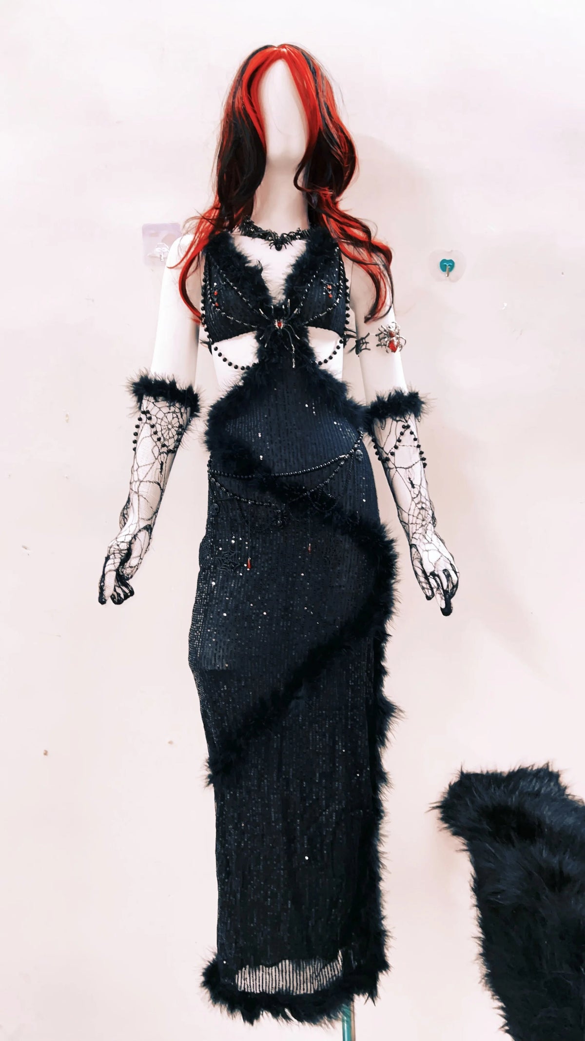 V neck fluffy spider applique hollow out cut out maxi dress