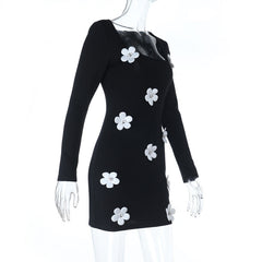 Long sleeve u neck flower applique mini dress