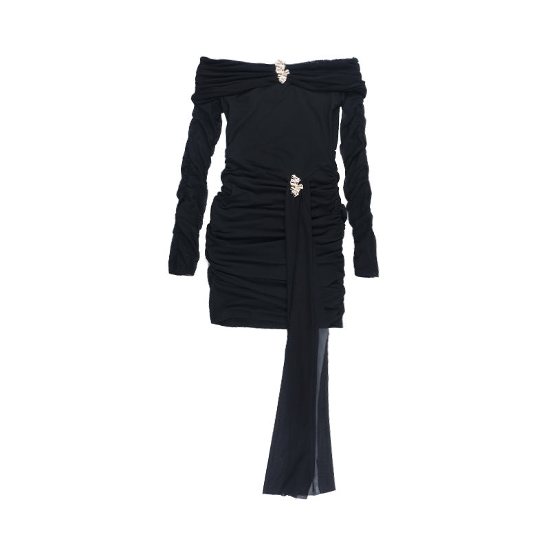 Off shoulder long sleeve mesh ruched mini dress