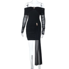 Off shoulder long sleeve mesh ruched mini dress