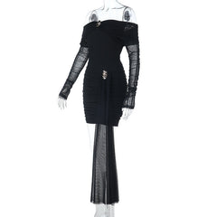 Off shoulder long sleeve mesh ruched mini dress