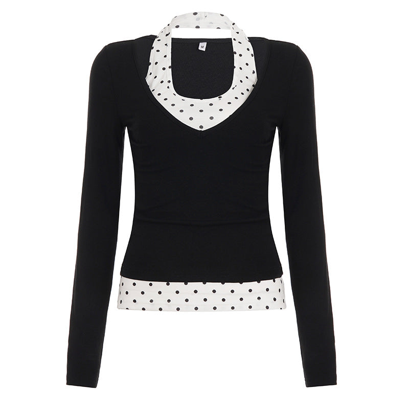 Long sleeve polka dot halter 2 piece top
