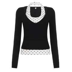 Long sleeve polka dot halter 2 piece top