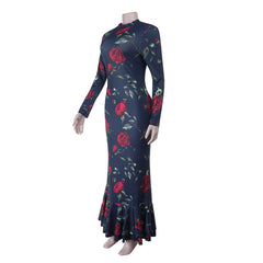 Long sleeve crewneck flower print maxi dress