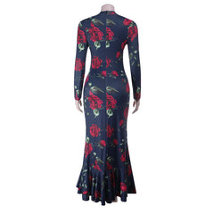 Long sleeve crewneck flower print maxi dress
