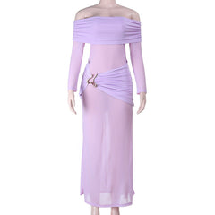 Off shoulder long sleeve ruched maxi dress