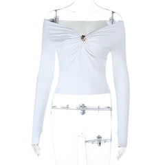 Off shoulder glitter long sleeve ruched top