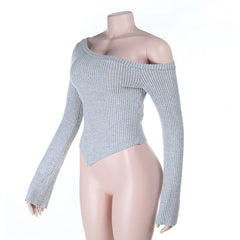 One shoulder long sleeve solid ribbed top