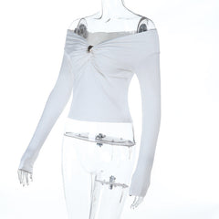 Off shoulder glitter long sleeve ruched top