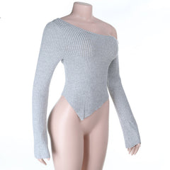 One shoulder long sleeve solid ribbed top