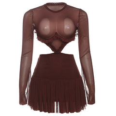 Crewneck long sleeve mesh ruched mini dress