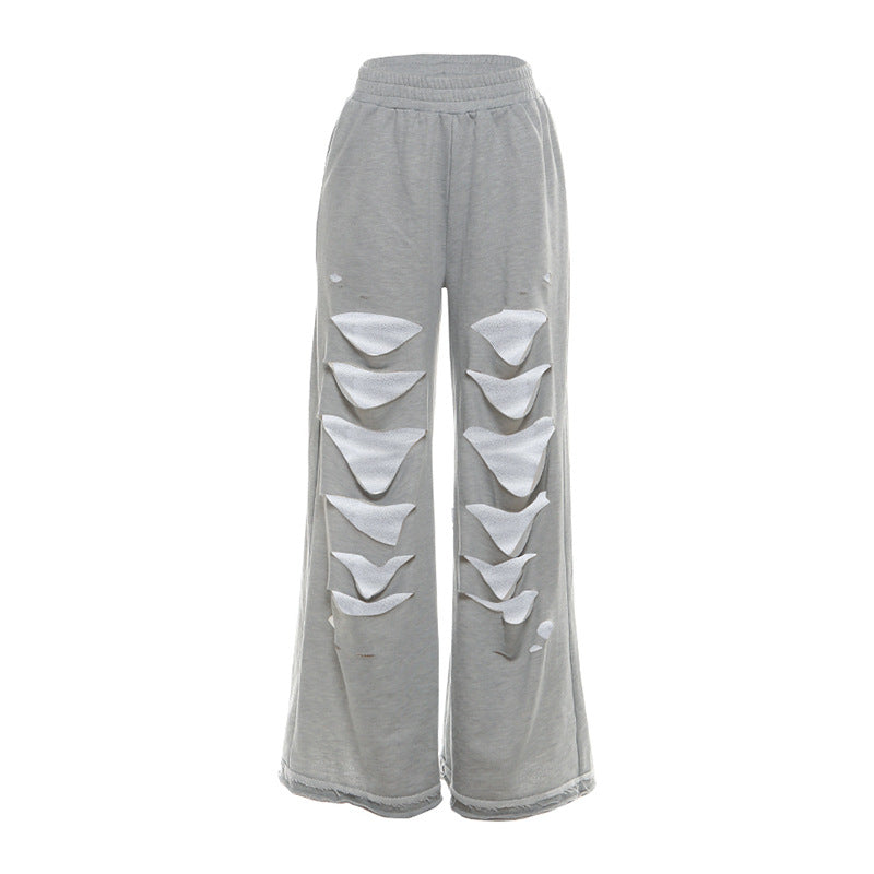 Ripped medium rise solid wide leg pant