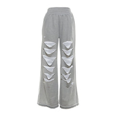 Ripped medium rise solid wide leg pant