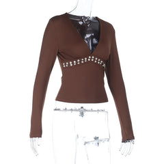 Long sleeve v neck button applique top