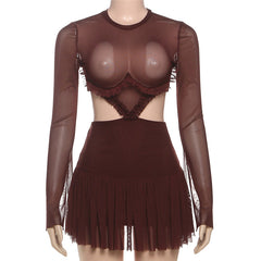 Crewneck long sleeve mesh ruched mini dress