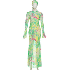 Long sleeve crewneck print sheer mesh maxi dress