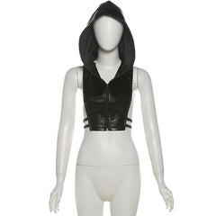 Hoodie zip-up PU leather hollow out cut out top