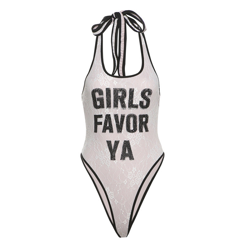 Self tie halter u neck lace letter pattern bodysuit