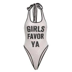 Self tie halter u neck lace letter pattern bodysuit
