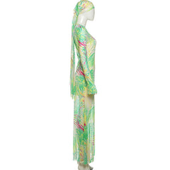 Long sleeve crewneck print sheer mesh maxi dress