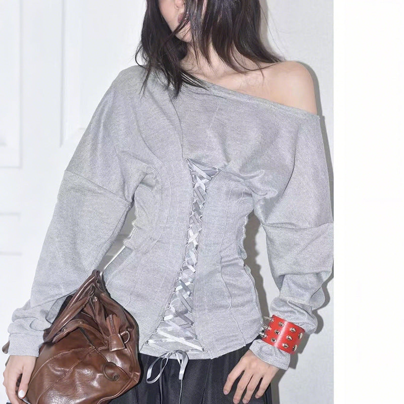 Off shoulder long sleeve lace up corset top