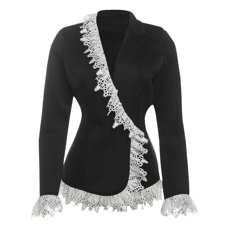 Long sleeve turnover collar lace hem button top