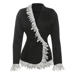 Long sleeve turnover collar lace hem button top