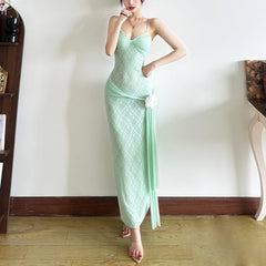 Mesh v neck flower applique cami maxi dress