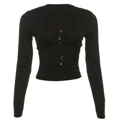 Long sleeve hollow out ruched crewneck cut out top